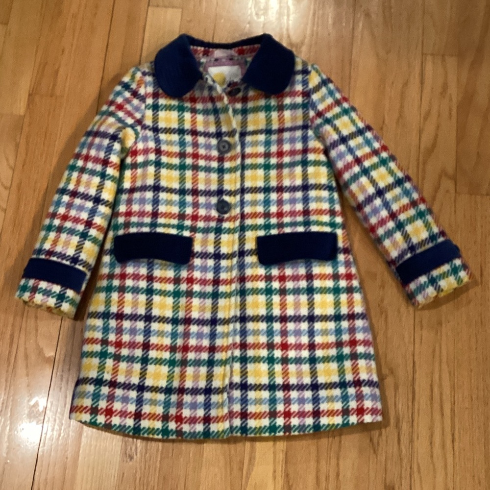 Mini Boden Multicolor Plaid Pea Coat with Navy Trim